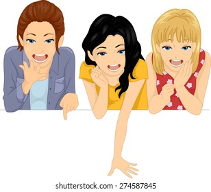 Illustration of Girls Looking Down and Smiling Happily