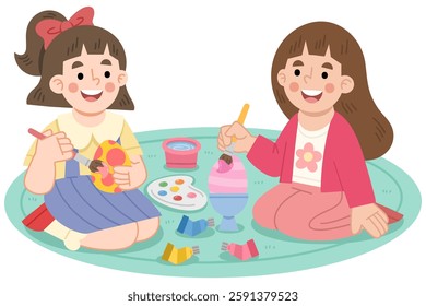 Illustration of Girls Painting Easter Eggs Together on a Mat