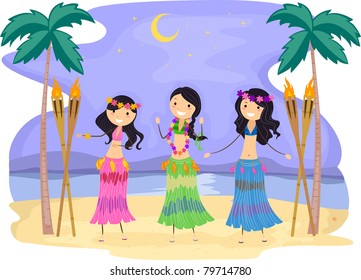 Illustration of Girls Performing a Hula Dance