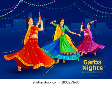 Illustration of girls are playing dandiya on the occasion of Navaratri Garba Disco Nights. Wearing colourful traditional dresses. Decorated background on blue colour. Happy Navaratri. Happy Dussehra.