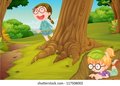 illustration of girls playing in hide and seek in nature