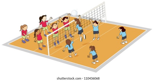 Illustration Of Girls Playing Volley Ball On Ground