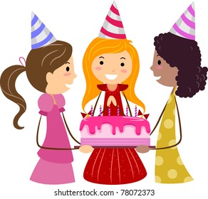 Illustration Girls Presenting Birthday Cake Celebrant Stock Vector ...