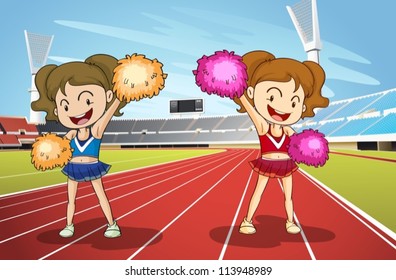 illustration of girls and race track in a stadium