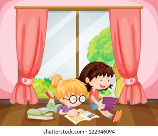 Illustration of girls reading book in a room
