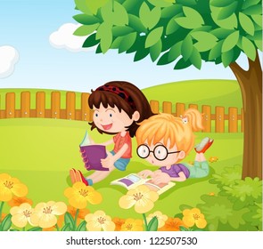 Illustration of girls reading books under a tree on a field