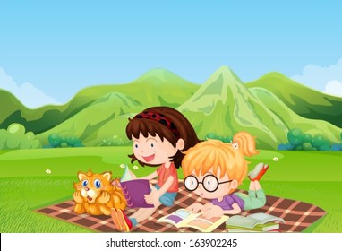 Illustration of the girls reading at the field
