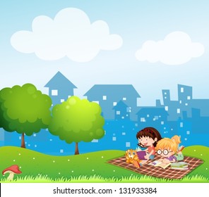 Illustration of the girls reading at the hill across the village