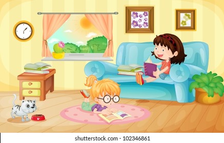 Illustration of girls reading at home