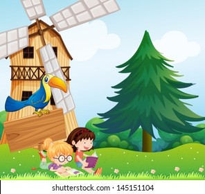 Illustration of the girls reading near the empty signboard with a bird at the top