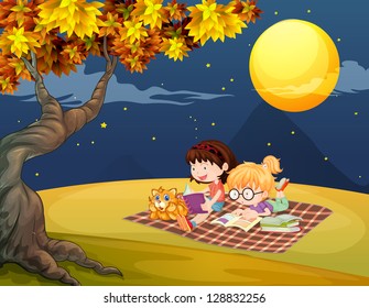 Illustration of girls reading under the bright full moon