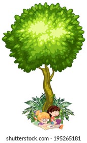 Illustration of the girls reading under the tree on a white background