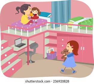 Illustration of Girls Sharing a Bedroom With a Loft