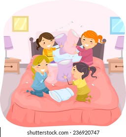 Illustration of Girls in a Slumber Party Having a Pillow Fight