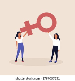 illustration of girls with symbol of women. Vector illustration in a flat style.