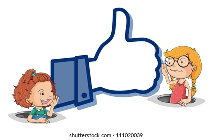 illustration of a girls and thumb on a white background