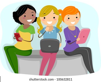 Illustration of Girls Using Tablet PCs