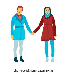 Illustration of girls to the utmost, in a coat and trousers. Lesbians of LGBT hold hands, couple in the relations, friendship and love