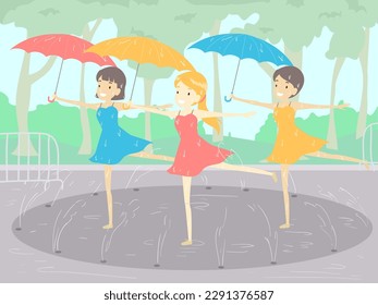 Illustration of Girls Water Dancers Wearing Dresses and Holding Umbrella on Floor Fountain