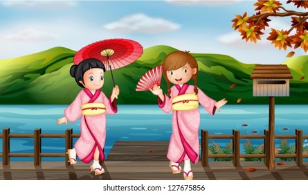 Illustration of girls wearing a kimono attire