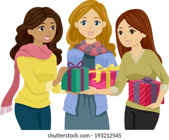 Illustration of Girls in Winter Clothes Exchanging Gifts