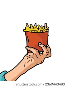 ilustración dar patatas fritas deliciosas papa francesa comer comida rápida chip friench frikis estilo chatarra retro trazo insalubre