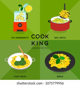 Illustration give you an information how to cook green pesto pasta, penne. Give you an illustration how to cook pasta, prepared sauce, seasoning, and serve.