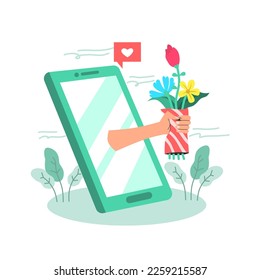 illustration of giving flowers via smartphone,expression of love via social media.online dating concept.flat vector,isolated