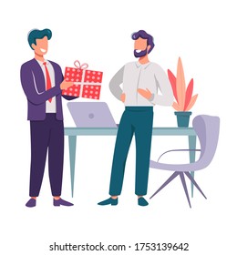 Illustration of a Giving a Gift boss and employee two men in different background