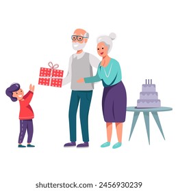 Illustration of a Giving a Gift boy and grandmother and grandfather in different background