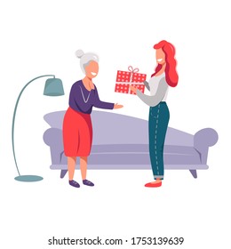 Illustration of a Giving a Gift grandmother and daughter woman in different background