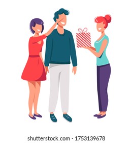 Illustration of a Giving a Gift two women and man friends in white background