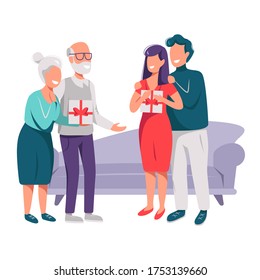 Illustration of a Giving a Gift woman man and grandmother and grandfather in different background
