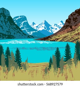 Illustration of Glacier National Park with mountains, lake and trees