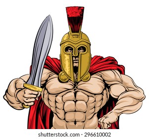 An illustration of a gladiator, ancient Greek, Trojan or Roman warrior or gladiator wearing a helmet and holding a sword