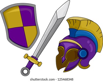 Illustration of Gladiator Helmet Shield and Sword