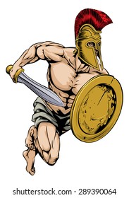 An illustration of a gladiator warrior character or sports mascot  in a trojan or Spartan style helmet holding a sword and shield
