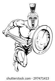 An illustration of a gladiator warrior character or sports mascot  in a trojan or Spartan style helmet holding a sword and shield
