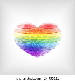 Illustration of glass 3d heart within the colored layers
