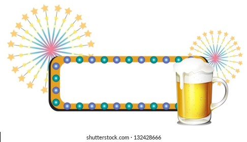 Illustration of a glass of beer beside a series of light bulbs on a white background