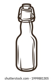 Illustration of glass beer bottle. Object in engraving hand drawn style. Old element for beer festival or Oktoberfest.