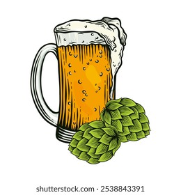 Ilustración de un vaso de cerveza y lúpulo