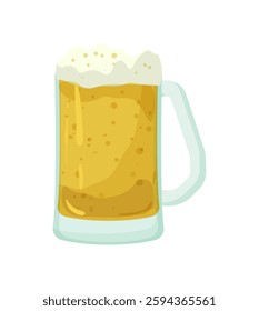 Illustration of a glass beer mug filled with frothy golden beer on a white background.