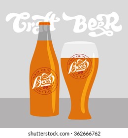 Illustration of a glass bottle of beer and glass.