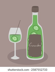 Illustration Glass and Bottle at Cucumber Drink Taste