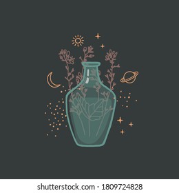 Illustration with glass bottle, flowers and celestial bodies. Vector graphic print