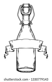 Illustration of glass bottle hatching with scroll parchment banner. Zero waste object. Vector engraving element for menus, articles, cards and your creativite  