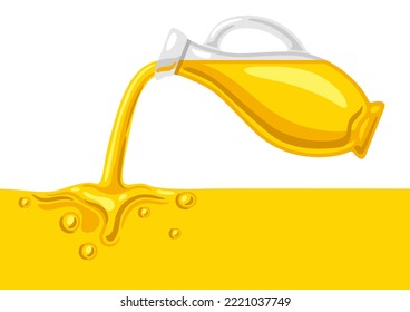 Illustration of glass bottle with pouring sunflower oil. Image for culinary and agriculture.