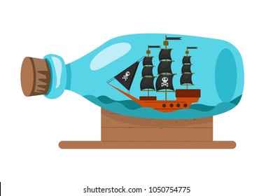 Illustration of glass bottle with sea inside and floating pirate ship with black sails. Eps vector illustration, horizontal image