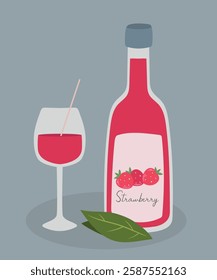  Illustration Glass and Bottle at Strawberry Drink Taste